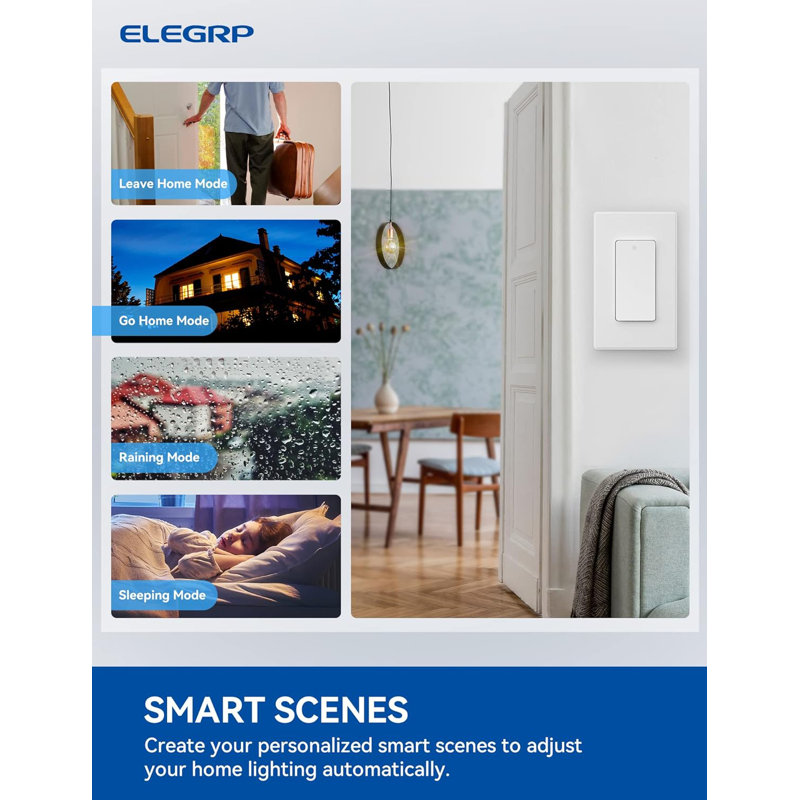 ELEGRP Smart Light Switch, Single Pole/3 Way, 2.4Ghz Wi-Fi Light Switch Compatible With Alexa & Google Assistant, Neutral Wire Required, APP Control, UL Certified, Black 1 PC