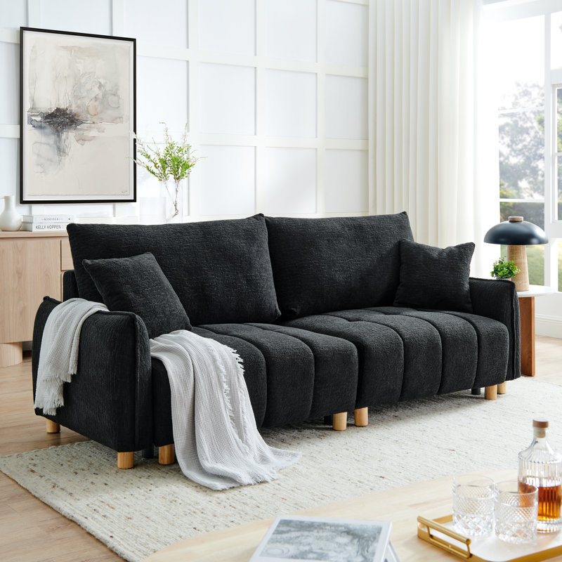 90.15" Queen size upholstered Multi-functional convertible sleeper sofa with storage, Black