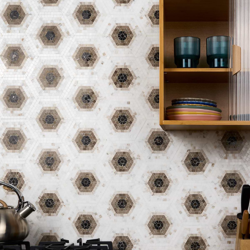 Ako 6" Hexagon Marble Micro Mosaic Tile, Saint Laurent Brown