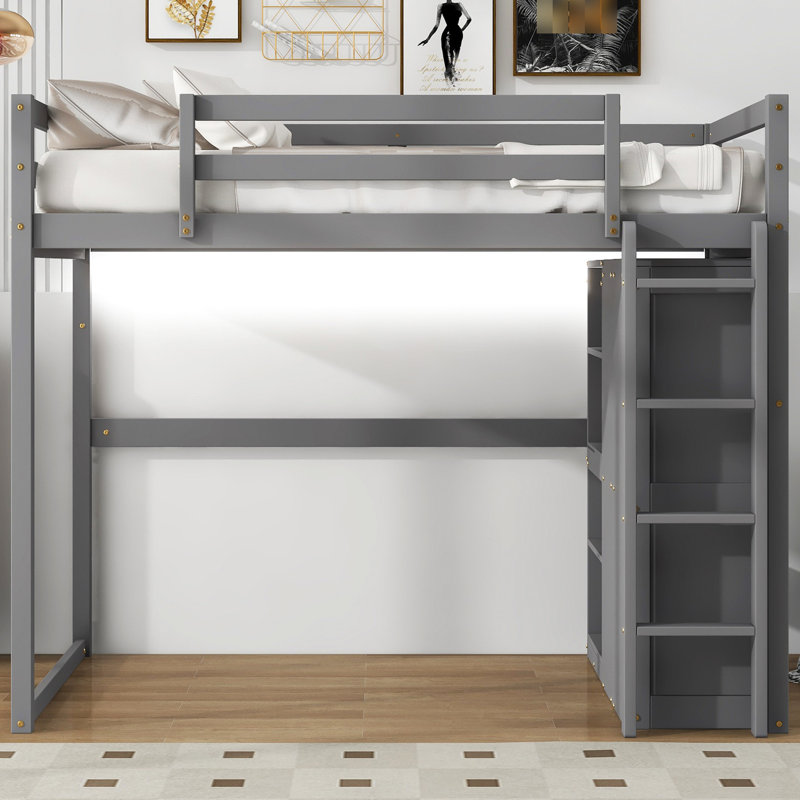 Lit mezzanine gris avec garde-robe intégré, rangement, tube à DEL plein, tablettes en plastique