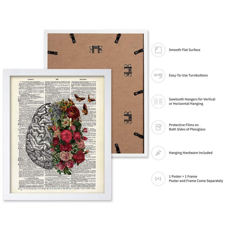 Cerveau et papillons fleuris, Affiche, Encadrement blanc, H 16 po x l 20 po