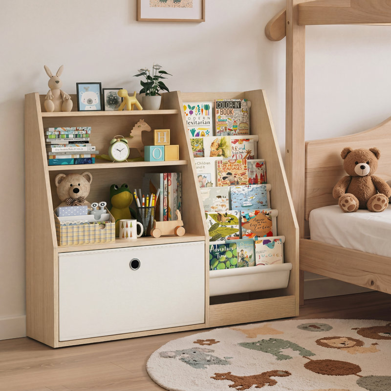 Natural Wood 3 - Tier Kids Bookcase with Fabric Slings for Bedroom or Playroom, (3 Shelves) 31.4"H x 35.6"W x 15.7"D, Beige