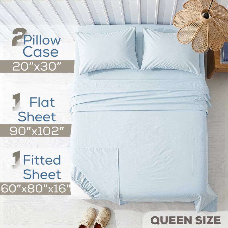 100% Washed Cotton Percale Sheet Set - Includes 1 Flat Sheet, 1 Fitted Sheet and 2 Pillowcases, Ice Blue