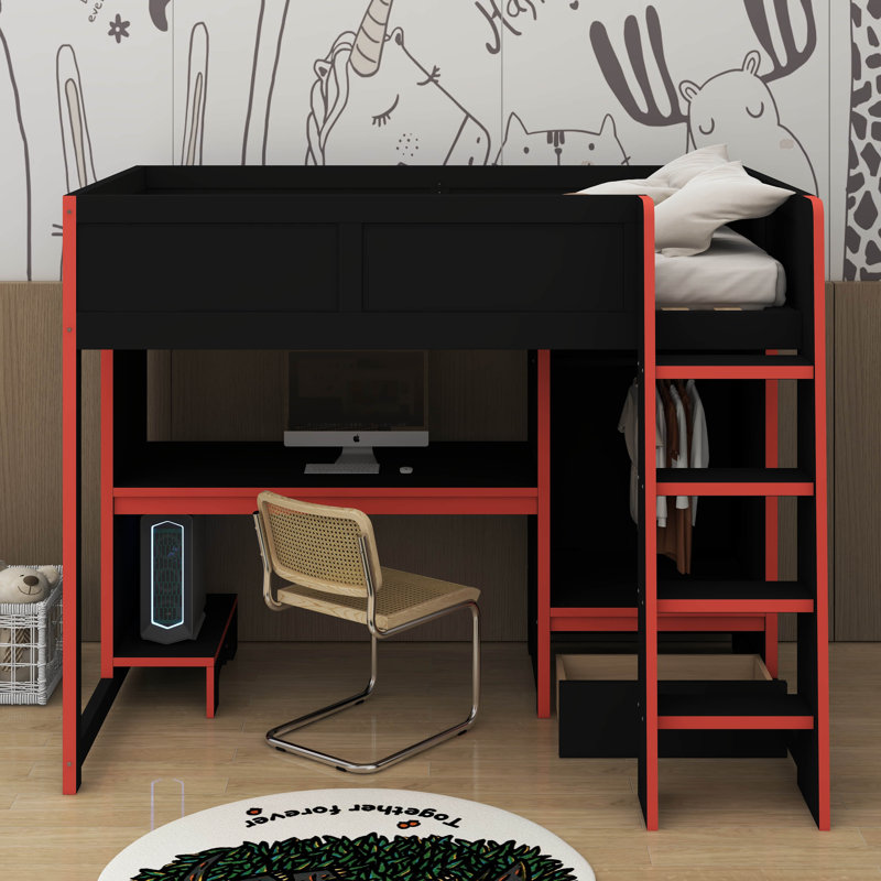 Gaming Loft Bed With Desk & Wardrobe, Twin