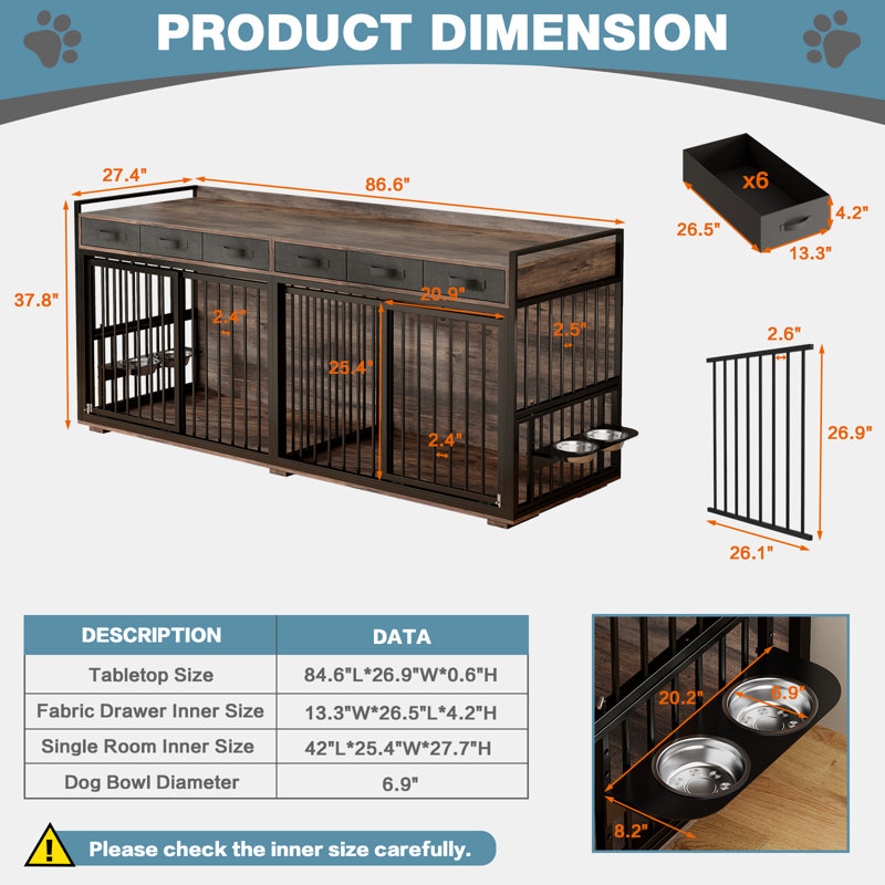 86,6 po, grand meuble de caisse pour chien, table de télévision en bois à double cadre à l'épreuve des mâchoires avec bols et tiroirs rotatifs pour 2 chiens à l'intérieur, brun rustique