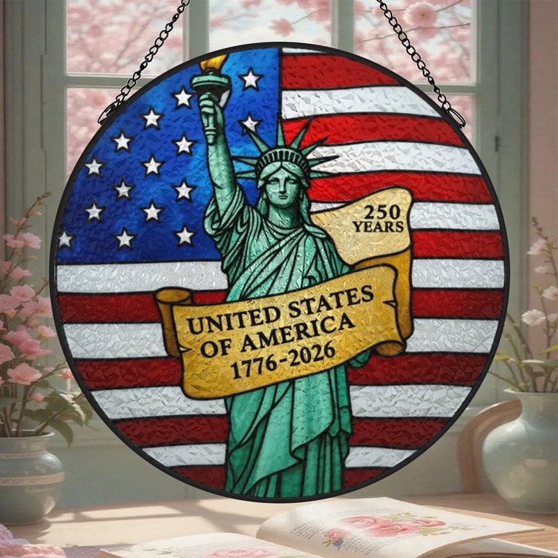 Statue de la Liberté, drapeau américain, célébration du 250e anniversaire, vitrail pour fenêtre, 11,8 x 11,8 po (30 x 30 cm)