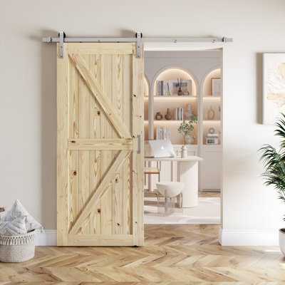 Paneled Solid Wood Unfinished Barn Door with Brushed Nickel Hardware Kit