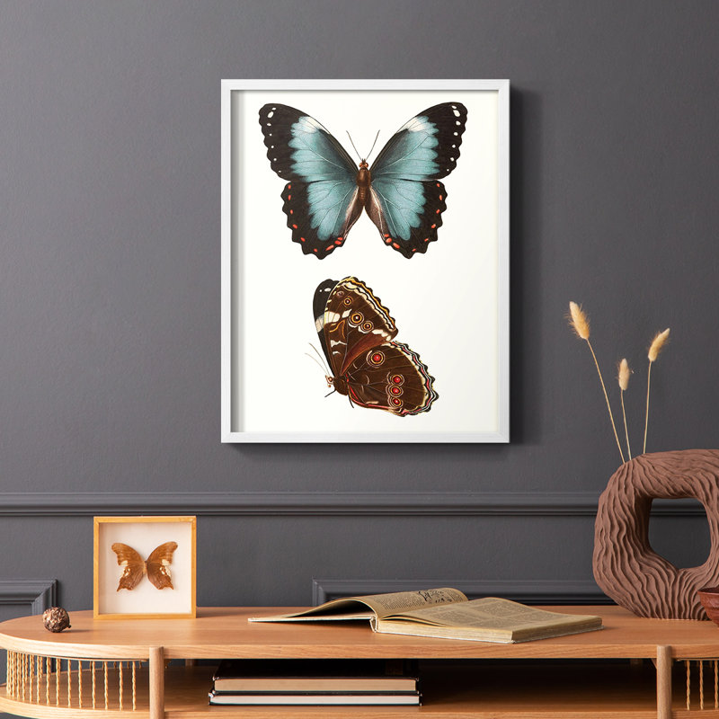 «Antique Blue Butterflies IV», reproduction encadrée - bois massif, Blanc, H 14 po x l 11 po