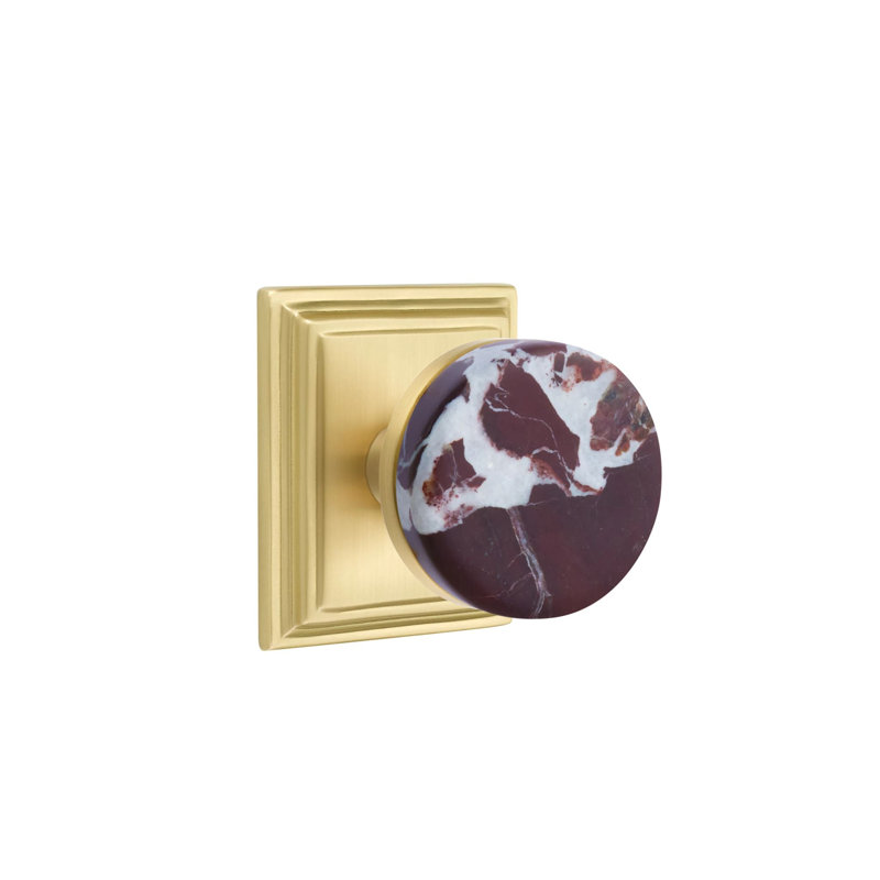 Emtek Select Passage Knobset w/ Wilshire Rosette & Conical Stem, Rosso Levanto Marble Knob, Satin Brass