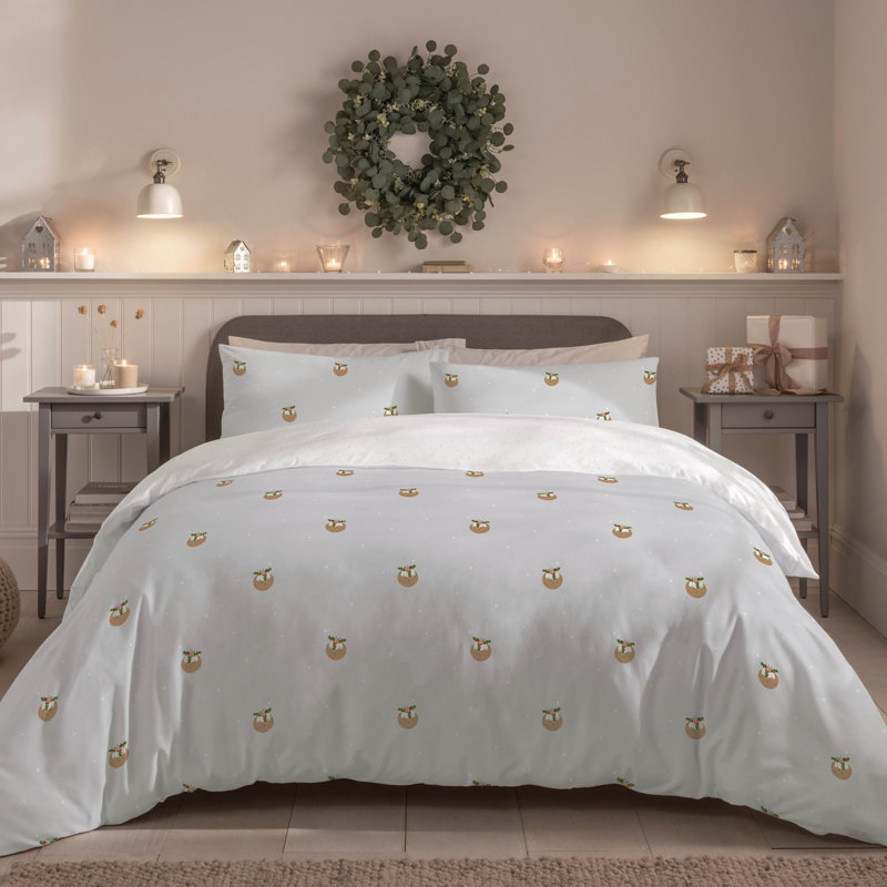 Festive Christmas Pudding Duvet Cover Set – Grey & White ULTRA SOFT Reversible Bedding Set with Pillowcase
