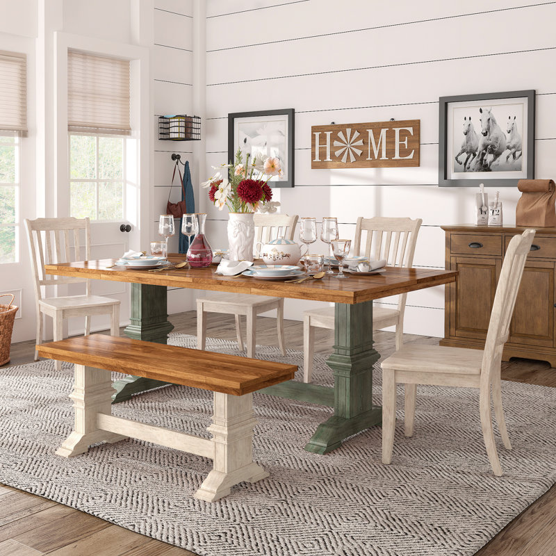 Fortville 78" Solid Wood Oak Finish Top Dining Set With Spindle Back Chairs - 6-Piece, Antique Sage Base Table, Antique White Base Chairs And Bench