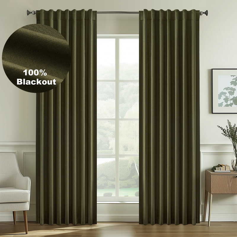 Rideaux en lin isolant 100% occultant avec languette et crochets Dennan, L 52 po x L 84 po, Vert olive