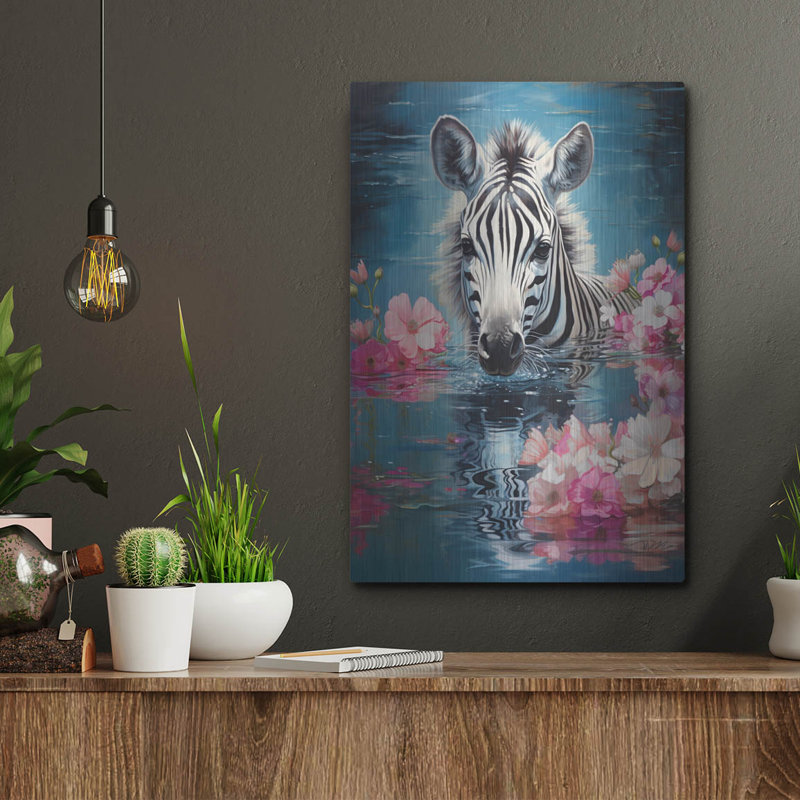 «Zebra In The Water» par Momart, art mural en métal, H 16 po x l 12 po