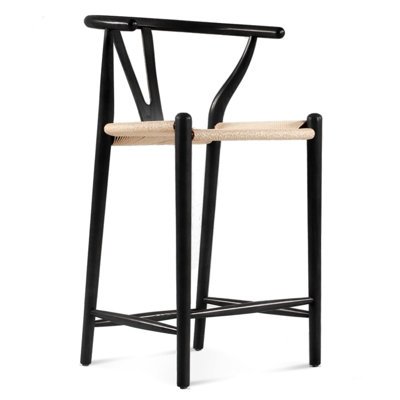 Tabouret de comptoir en frêne massif avec teinture noire sur la surface du bois, siège tissé à la main en corde de papier, teinture à l'huile, revêtement en feu, profondeur 22 po, finition 21 largeurs, traitement, largeur 36,6 po