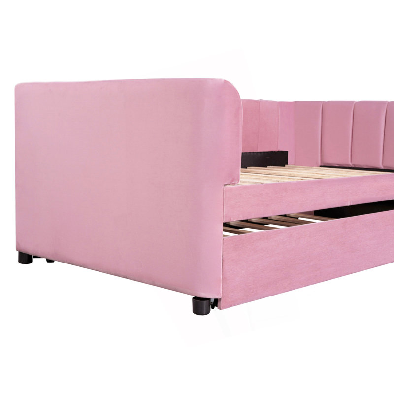 Twin Size Upholstered Daybed With Ergonomic Design Backrest And Trundle, Day Bed, Pink