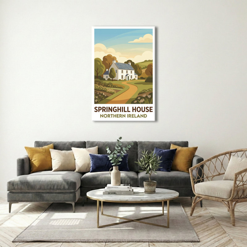 Springhill House, Northern Ireland - Romantic Country House Escape Travel Poster. Giclee Print on Wrapped Canvas. Wall Art, Home Decor - Castles & Palaces, Northern Ireland 1 Piece Wrapped Canvas Wall Art