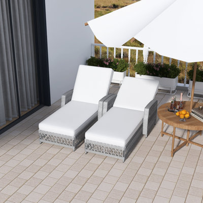 Outdoor 2 Pieces Wicker Patio Reclining Chaise, With Armrests,Powder-Coated Iron Frame,Adjustable Backrest & Feet,Thick And Removable & Washable Cushions,Easy To Install