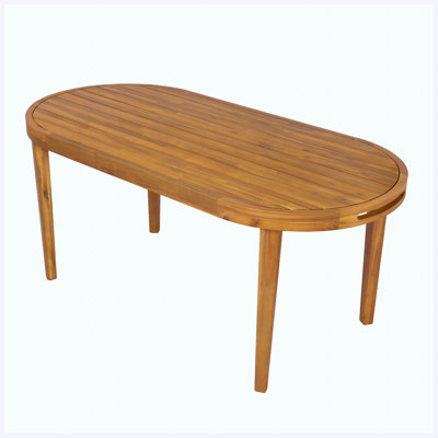 70" Oval Acacia Wood Outdoor Dining Table with Slatted Top, Teak Weathered Finish