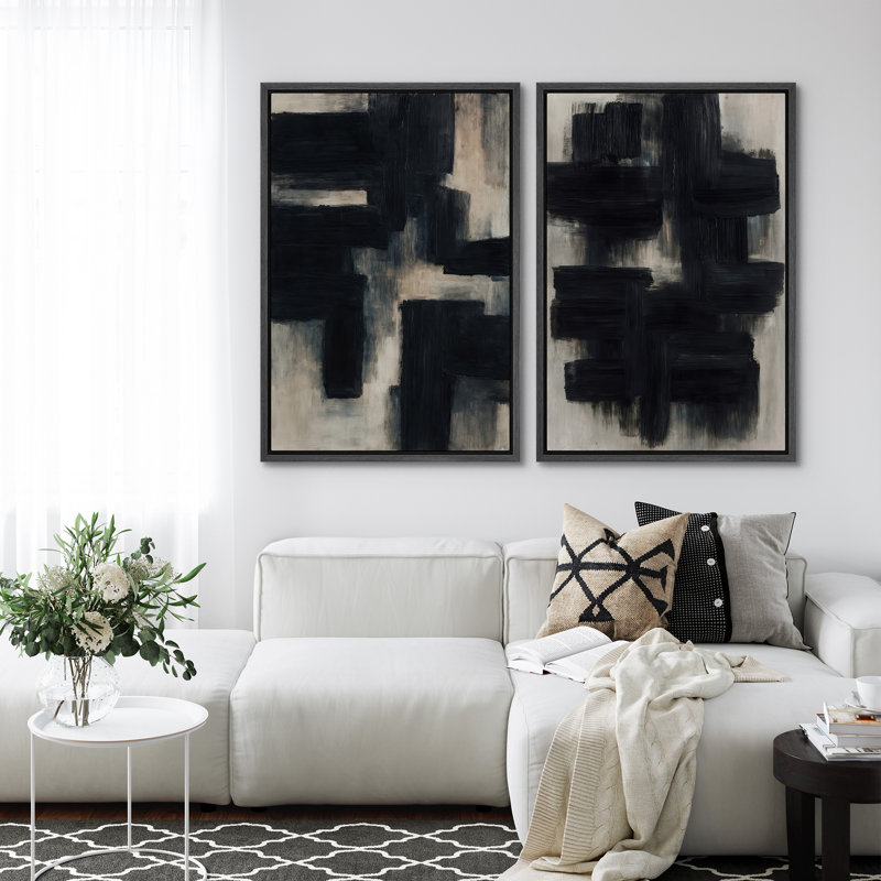 Art mural abstrait, ensemble de 2 reproductions d'art encadrées sur toile, Noir, H 36 po x l 48 po
