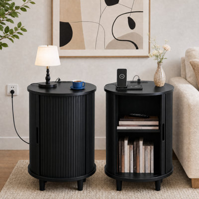 Table de bout cannelée ronde de 23,6 po avec station de charge et rangement pour porte coulissante