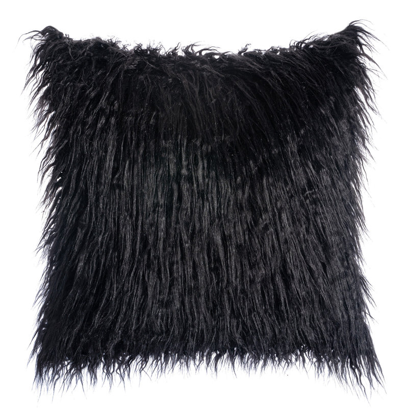 Housse de coussin carré en fausse fourrure avec insert, Noir, 16 po x 16 po, Polyester