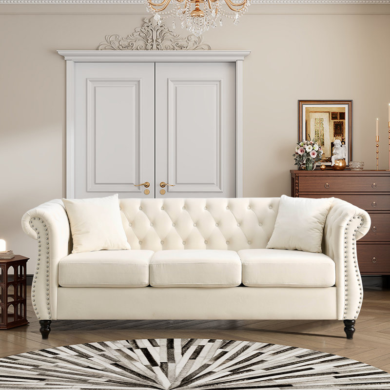 Canapé Chesterfield, canapé capitonné avec accoudoirs roulés et tête de clou, Velours beige, 30" H x 80" W x 29" D