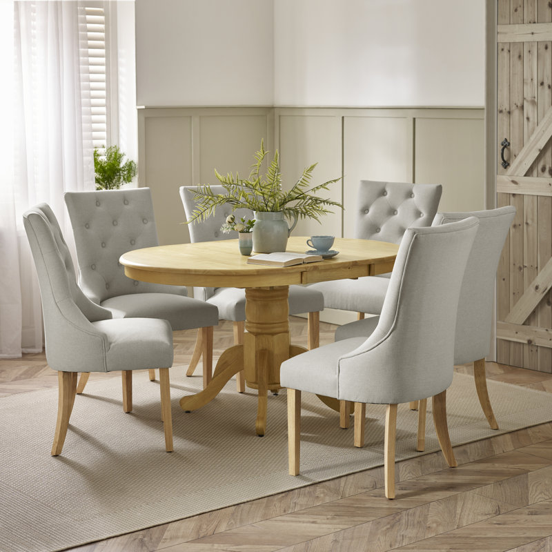 Aviya Extending Solid Wood Table With Eubanks Linen Fabric Chairs - Traditional Rustic Farmhouse, 6, Oak