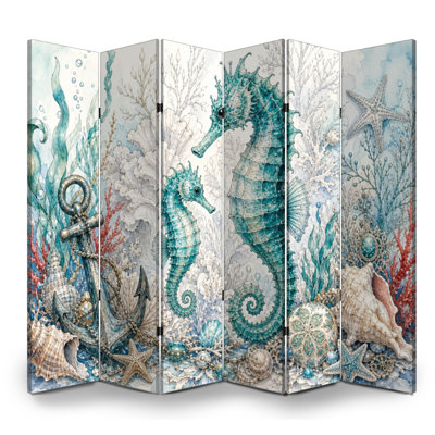 6 Panels Folding Screen Room Divider Royal Marine Seahorses Coral Reef Nautical Watercolor Style Canvas Screen Room Separator Freestanding Protective Wall Divider Privacy Partition for Bathroom