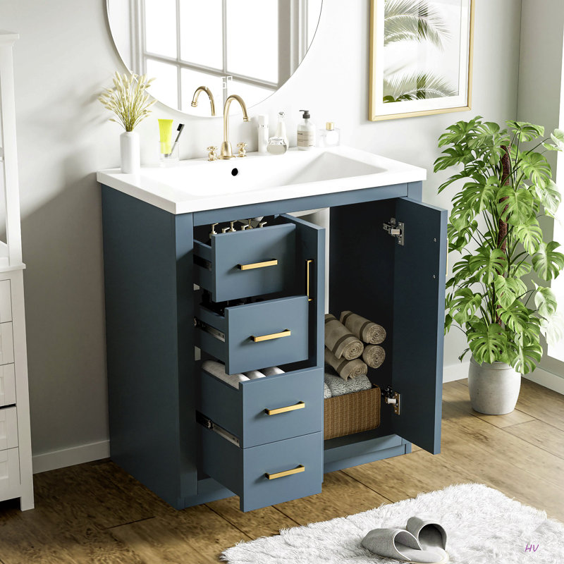 Ensemble de meuble-lavabo 30 po avec lavabo en céramique, armoire de rangement en bois massif, ensemble de meuble-lavabo autoportant avec 3 tiroirs et portes à fermeture douce