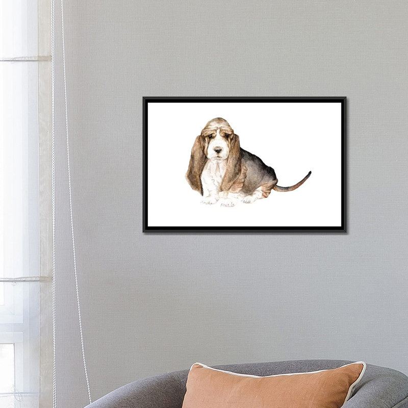 « basset hound », reproduction sur toile, H 18 po x l 26 po x P 1,5 po, Toile avec cadre noir, Pas de tapis