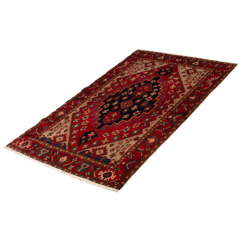 Tapis rouge unique en laine de style années 1990 4 pi 5 po x 7 pi 3 po Hassanatou