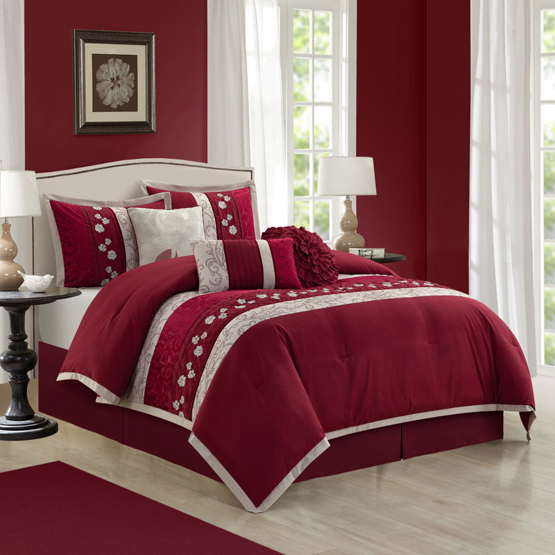 Riley 7 Piece Glam Comforter Set, King, Wine