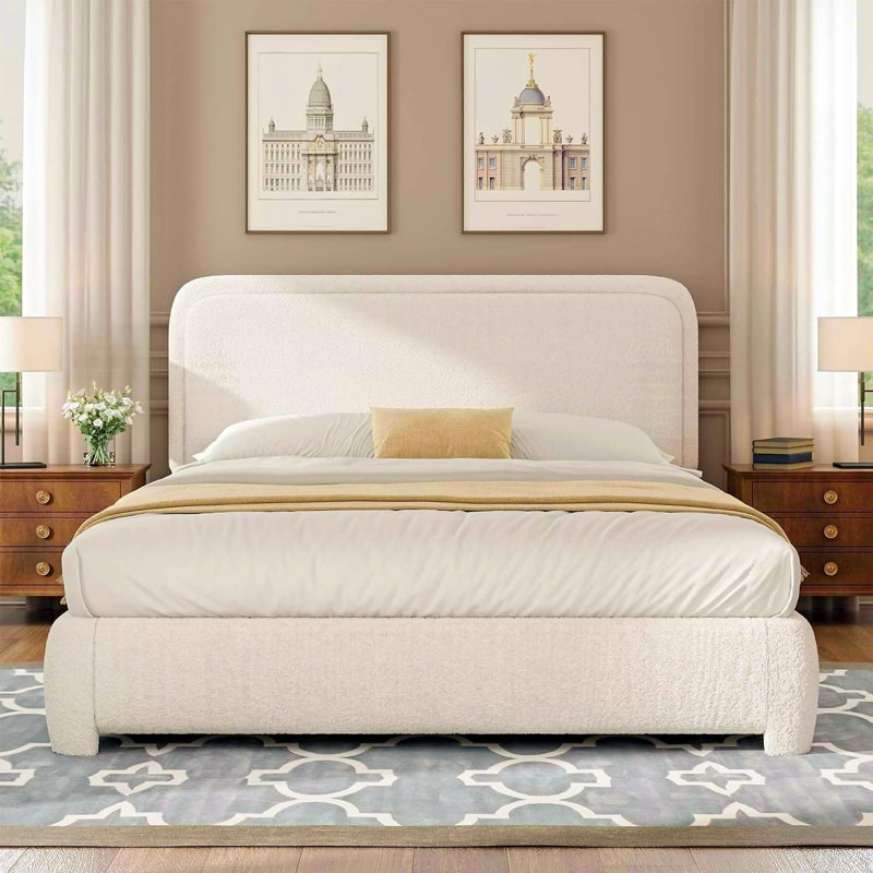 Full Size Cream Boucle Upholstered Platform Bed Frame with Headboard