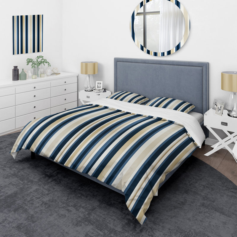 Literie à rayures classique classique beige et bleu, Housse de couette pour très grand lit et 2 très
