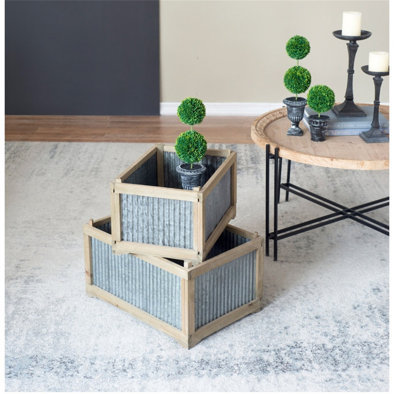 [Ensemble de 2 jardinières rustiques de style campagnard] l: 20 x 14 x 11,5 po: 17 x 12 x 10 po | Cadre de boîte en bois galvanisé pour le jardin / l'intérieur