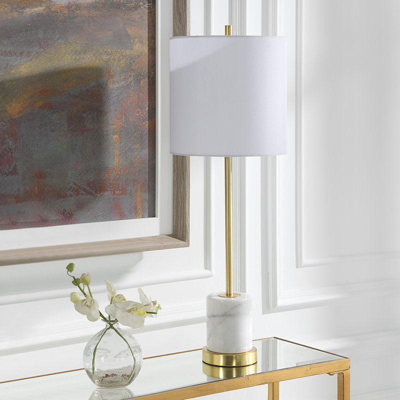 Brushed Gold Table Lamp with White Drum Shade