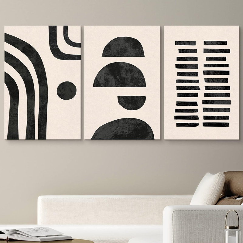 Formes géométriques demi-cercles et lignes noires et brun clair style Mid-Century moderne relax / calme 3 pièces