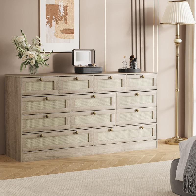 12 Drawer Wood Dresser for Bedroom, 61" Wide Storage Cabinet TV Stand for 65" TV, Chest for Living Room, Natural