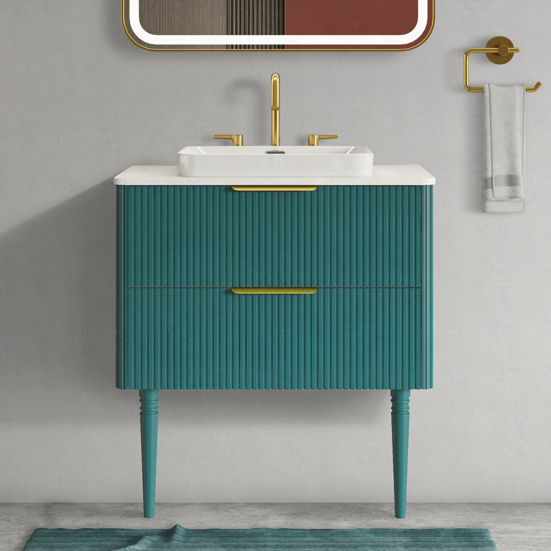 Meuble-lavabo en chêne rayé avec lavabo en céramique 30 po Elena, pré-assemblé, Bleu Aque