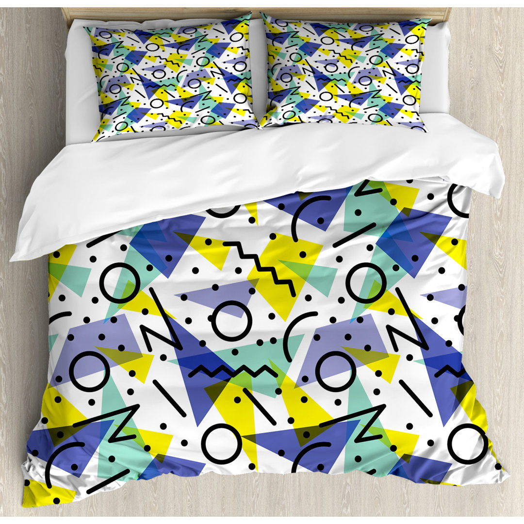 Bettbezug Set, Geometric Retro Theme, Modern, Blau Gelb und Schwarz