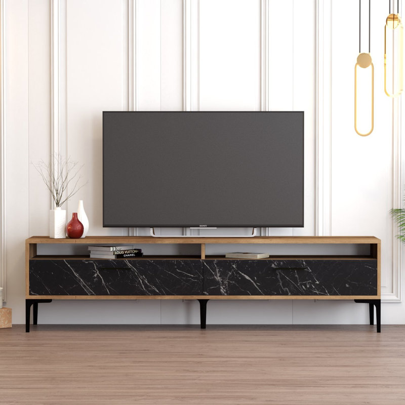 Modern TV Stand with Walnut & Black Marble Finish, 70.9 x 13.8 x 27.6 inches | 100% Melamine Coated Particle Board, Thickness: 0.7 inches | Stylish & Functional Design for Living Room & Entertainment Spaces