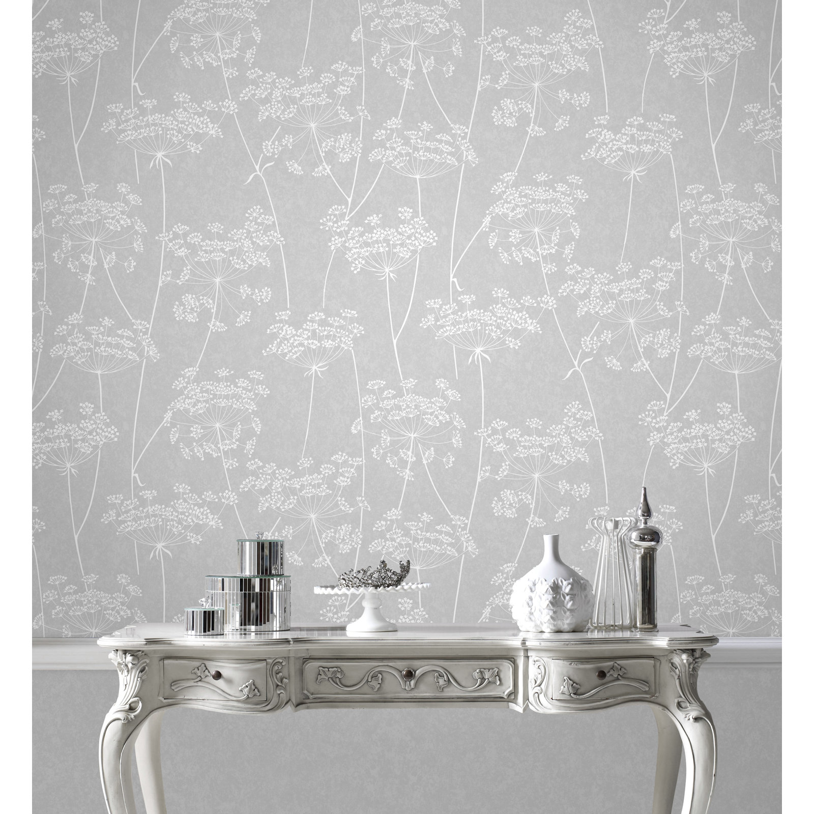 Edmore Modern Floral Wallpaper, Cloud Gray