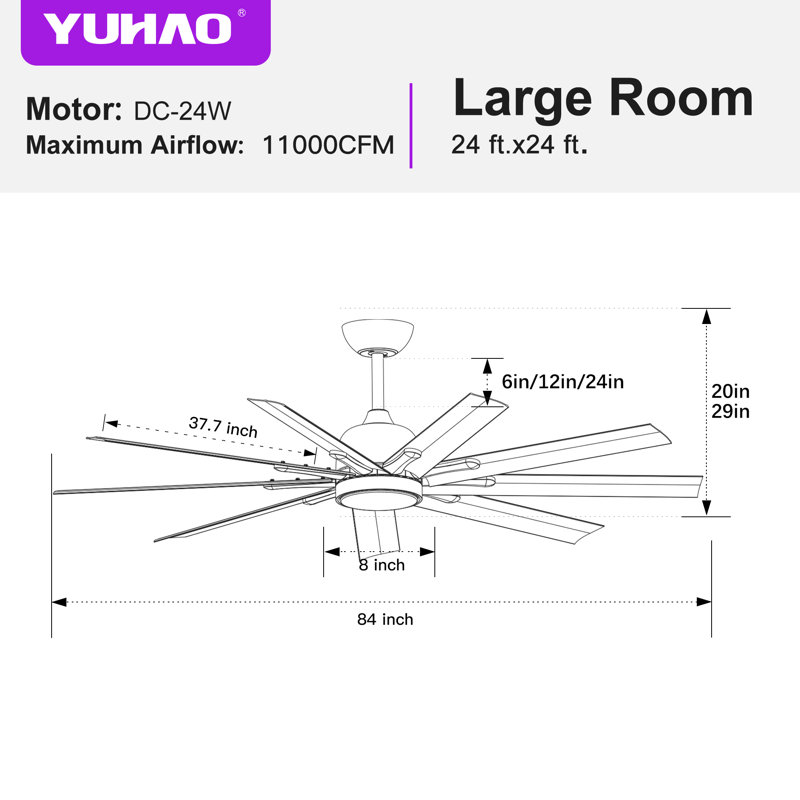Oversized Industrial Large Black Ceiling Fan with LED Lights and 9 Aluminum Blades, Matte Black with Matte Black Blade, 84
