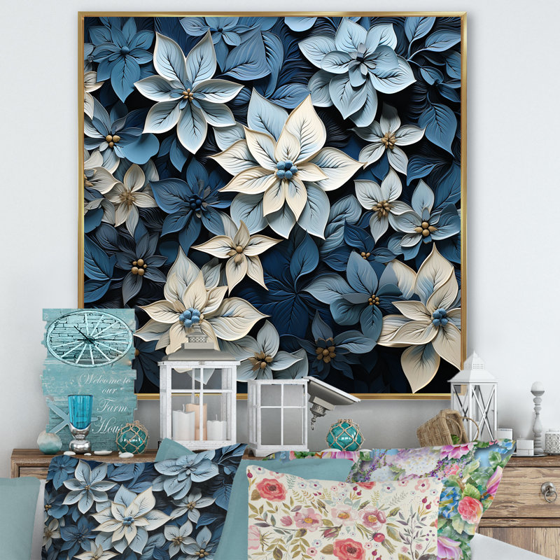 «White and Blue Poinsettias Blooming Brush», reproduction sur toile, H 36 po x l 36 po x P 1,5 po, Cadre flottant doré