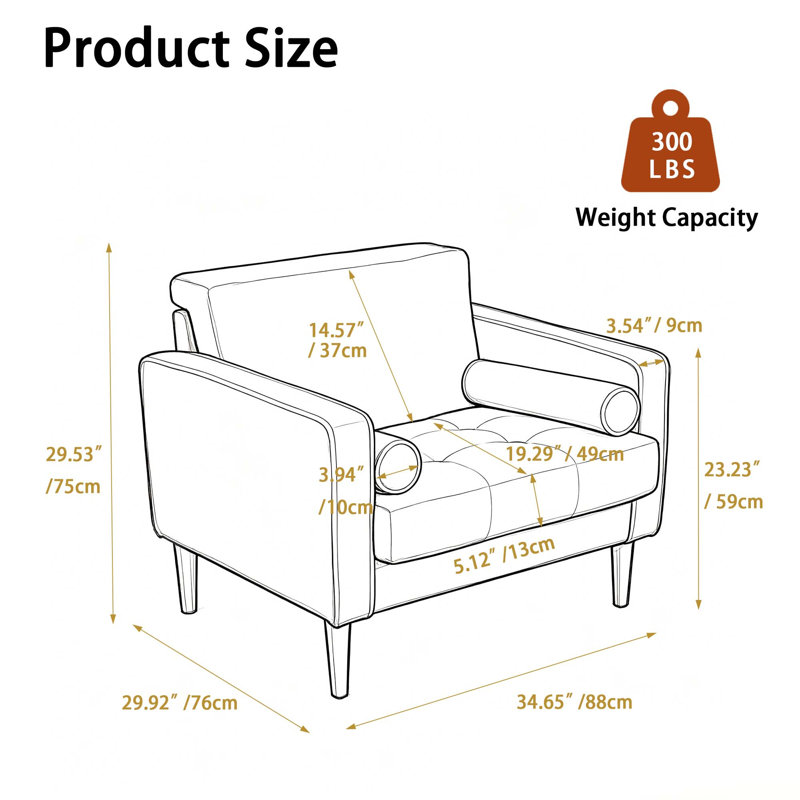 Iliana Upholstered Corduroy Square Arm Tufted Club Chair with 2 Pillows, Taupe Polyester