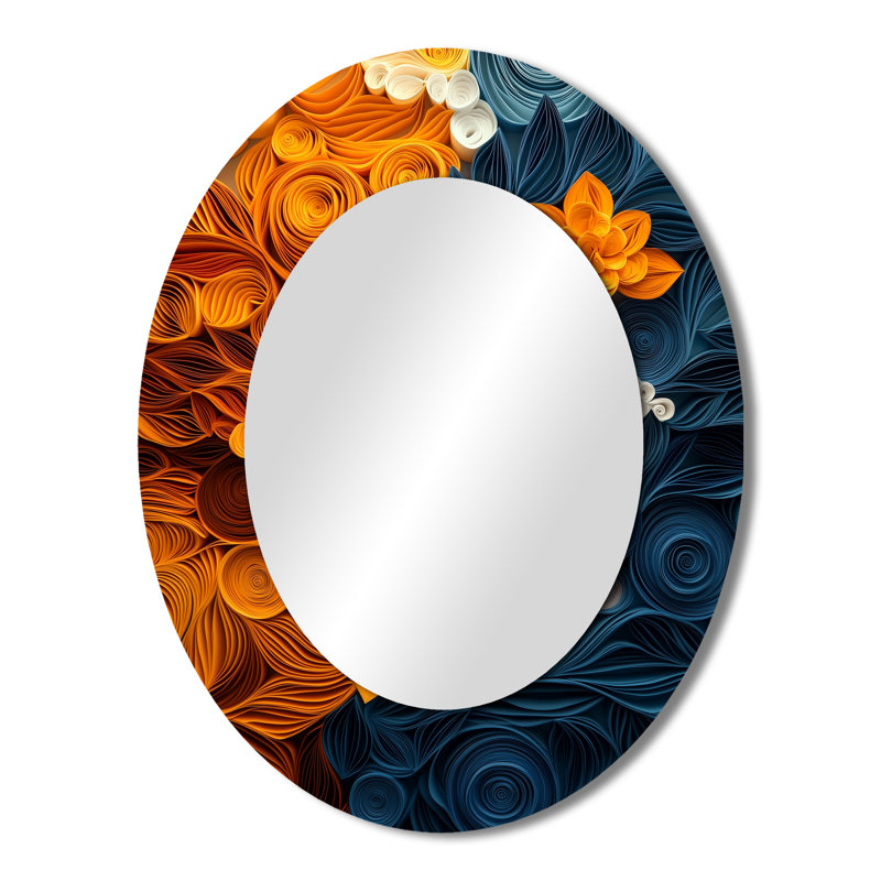 White Floral Botanical Whirlwind I - Modern Oval Wall Mirror, 43" x 33"