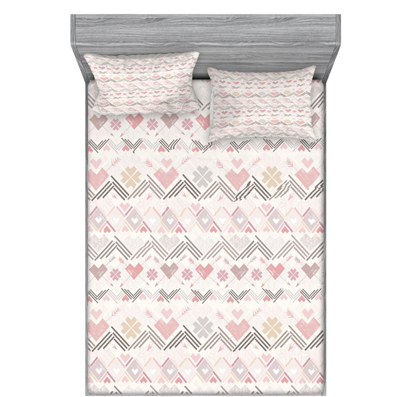Microfiber Striped Sheet Set, Queen Sheet Set + Fitted Sheet + 2 Pillowcases, Pink/Black/White Geometric 2