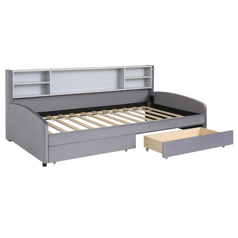 Twin Size Upholstered Platform Bed With Storage And Drawers, Gray