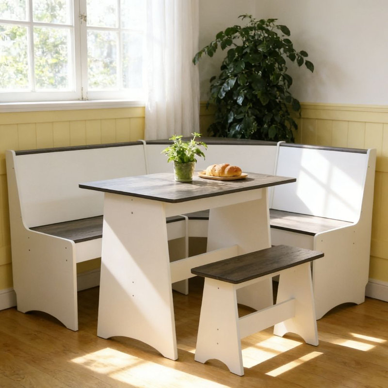 3-piece L-shaped Breakfast Nook Dining Set With Hidden Storage, Modern Wood Corner Dining Table And Bench Set For Small Spaces & Kitchen, Greyl And White