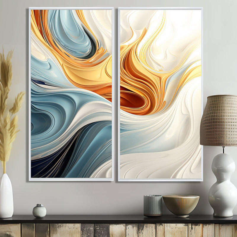 Vague rétro bleue et orange élégance II - art mural moderne, 40" H x 40" W, Impression encadrée flottante, White